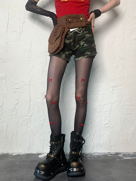 Black Y2K Bowknot Details Polka-dot Pattern Tights