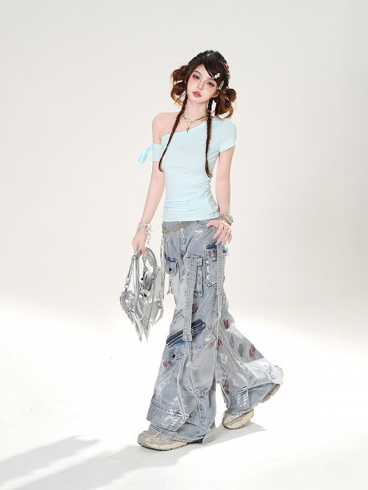 Baby Blue Asymmetrical Neckline Slim-fitting T-shirt