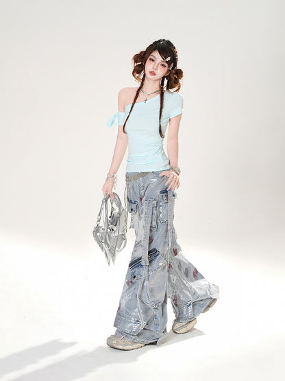 Baby Blue Asymmetrical Neckline Slim-fitting T-shirt