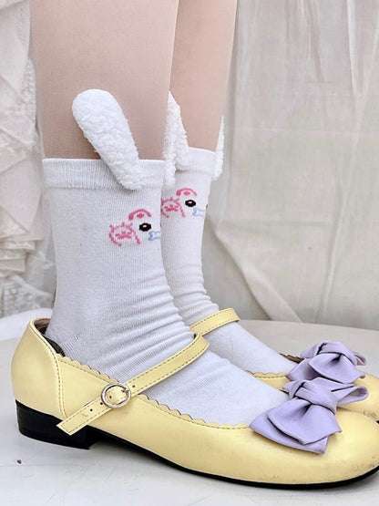 White Bunny Print Calf Socks With Bunny Ears