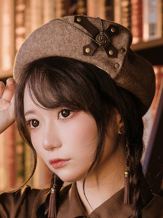 Chains Decorated Light Brown Steampunk Beret