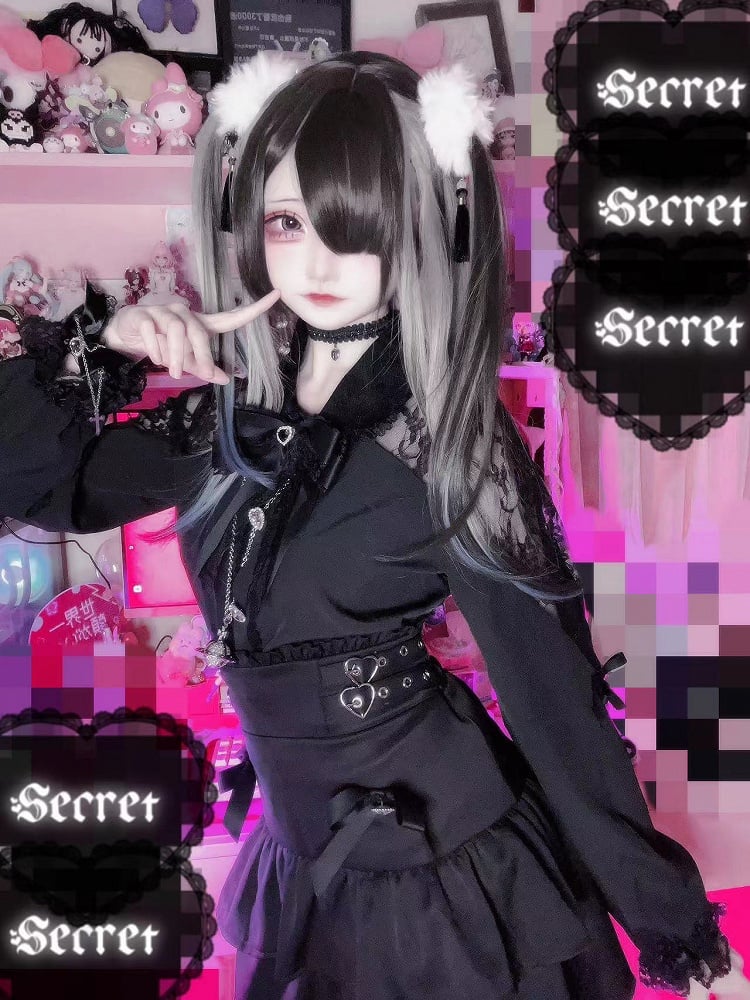 Jirai Kei Light Blue/Black & Pink/Black Cutout Shoulder Sweetheart Buttons Embellished Blouse