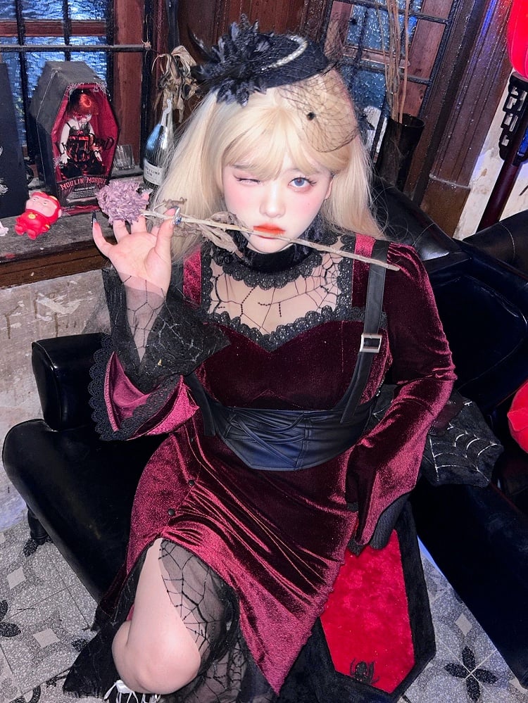 Plus Size Red Illusion Neckline Gothic Velvet Dress