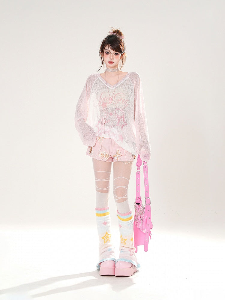 Dark Gray/White/Pink Bowknots Embellished Shorts with Beaded Chains