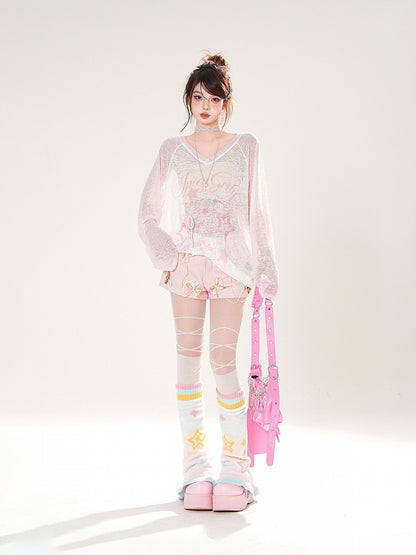 Dark Gray/White/Pink Bowknots Embellished Shorts with Beaded Chains