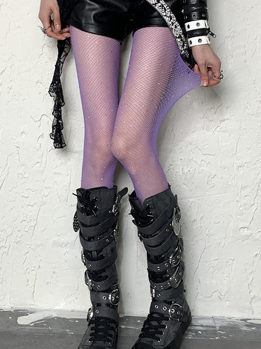 Purple Y2K Rhinestone Fishnet Tights