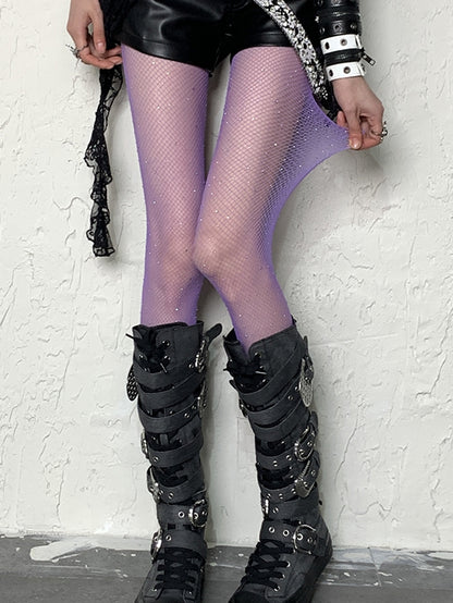 Purple Y2K Rhinestone Fishnet Tights