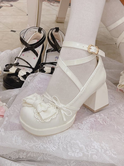 Bow Accents Crisscross Ankle Strap White Round Toe Sweet Mary Janes