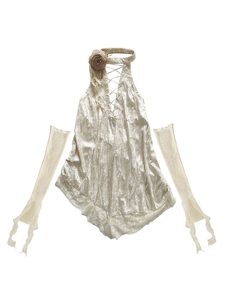 Lace-up Detail Beige Flower Halter Neck Backless Top + Sleeves Set