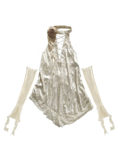 Lace-up Detail Beige Flower Halter Neck Backless Top + Sleeves Set