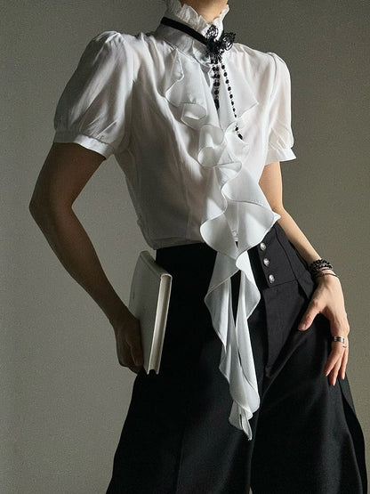 Ouji Lolita Vintage White Puff Sleeve Shirt with Detachable Lace Necklace & Cascading Ruffles