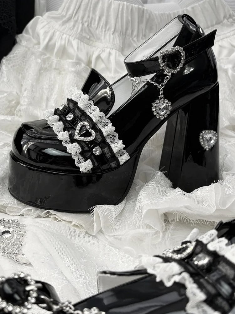Dark Sweetheart Heels: Jirai Kei Polished Black Platforms with 12cm Block Heel & Rhinestone Chain