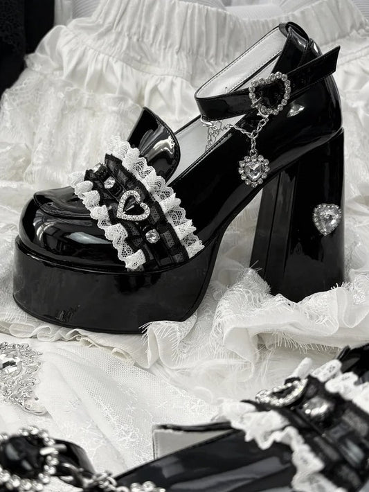 Dark Sweetheart Heels: Jirai Kei Polished Black Platforms with 12cm Block Heel & Rhinestone Chain
