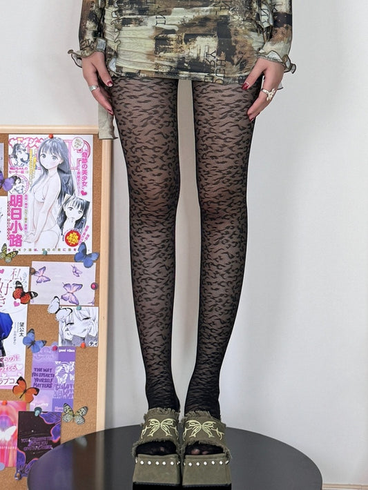 Black Y2K Leopard Pattern Tights