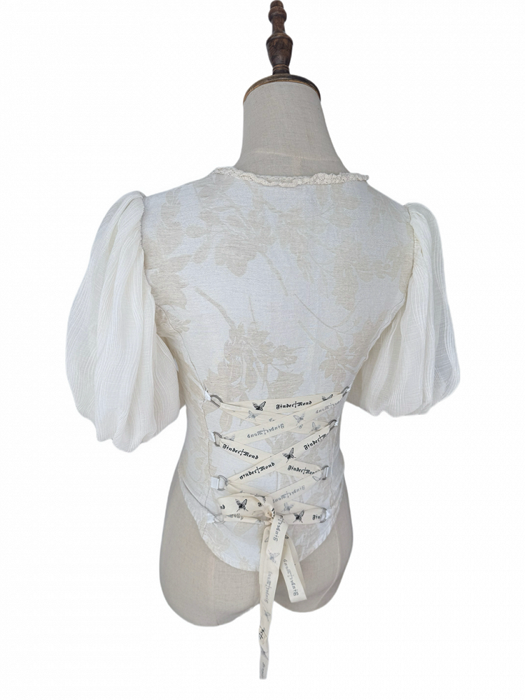 Apricot Puff Sleeve Romantic Top with Lace-Up Back