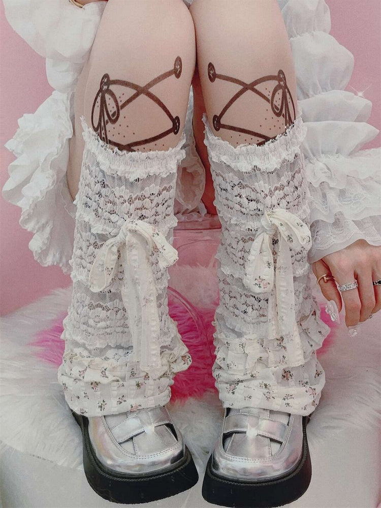 White Y2K Bowknot Details Floral Pattern Ruffles Trim Leg Sleeves