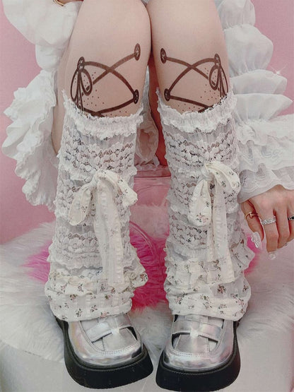 White Y2K Bowknot Details Floral Pattern Ruffles Trim Leg Sleeves