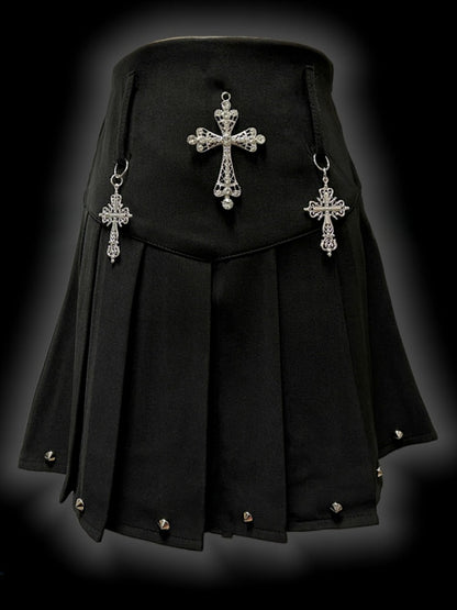 Y2K Black Cross Charms High Waist Studs Design Punk Pleated Skirt
