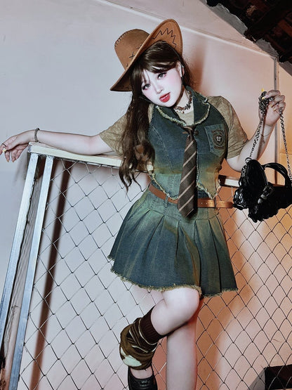 Plus Size Y2K Faded Wash Blue Denim Vest