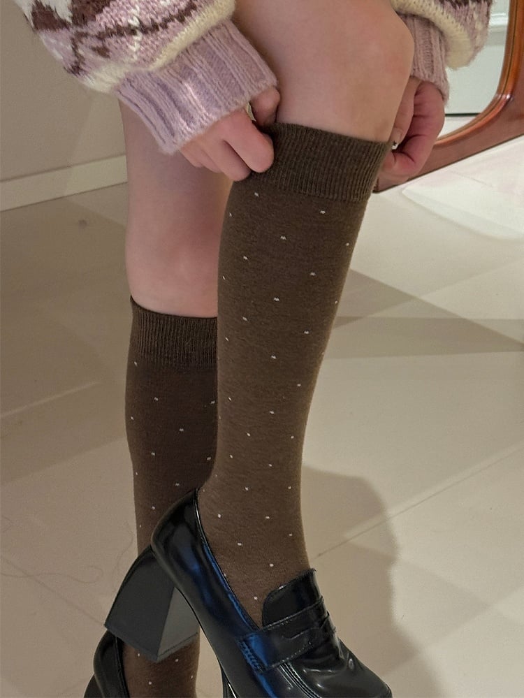 White/Light Brown/Dark Coffee/Dark Grey/Black Polka-dot Pattern Underknee Stockings