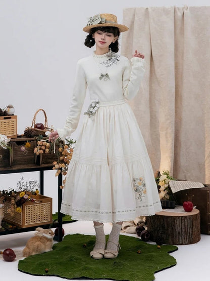 Beige Lily of the Valley Embroidery Lace-up Cuffs Autumn Knit Top