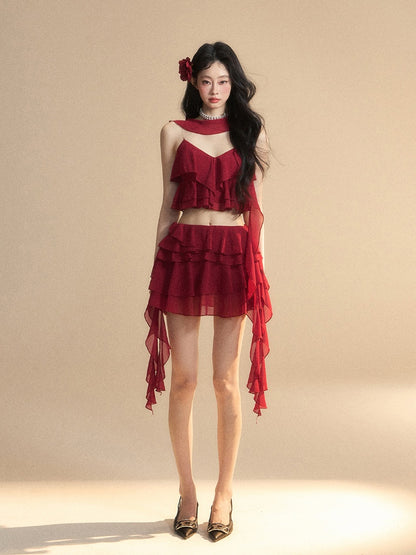 Clearance-Size M for Waist 64CM Red Chiffon Asymmetrical Ruffled Hem Slim-fitting Mini Tiered Skirt