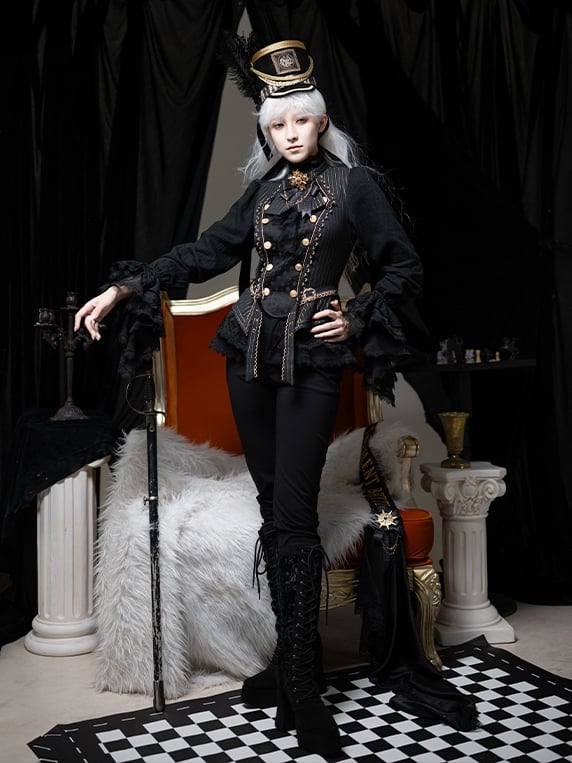 Black Jabot Ruffle Neckline Cadcading Ruffle Cuffs Long Sleeves Ouji Lolita Top