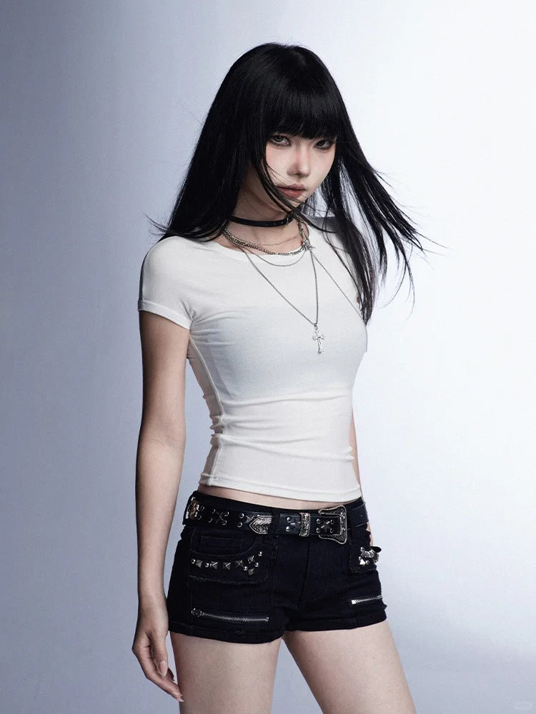 Black Low Waist Studded Glamorous Shorts with Zippers Detail