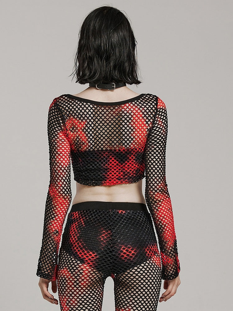 Black and Red Punk Tie-dyed Mesh Long Sleeve T-shirt