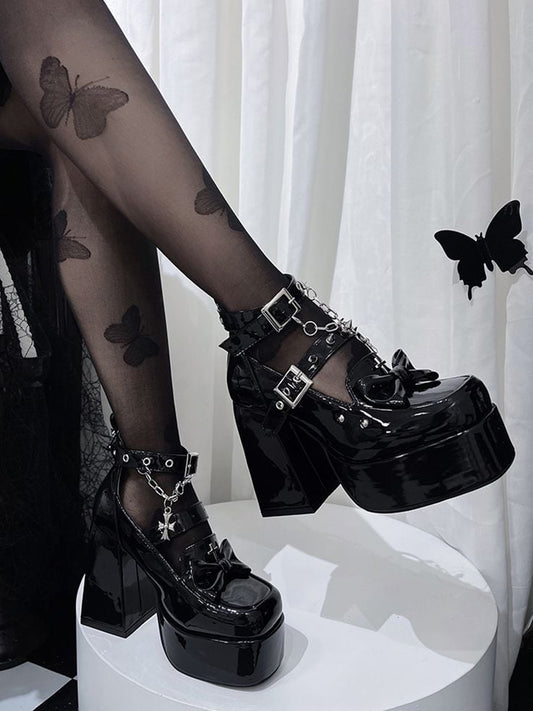 Spike Studs Polished Black Platform Block High Heels Punk Goth Shoes