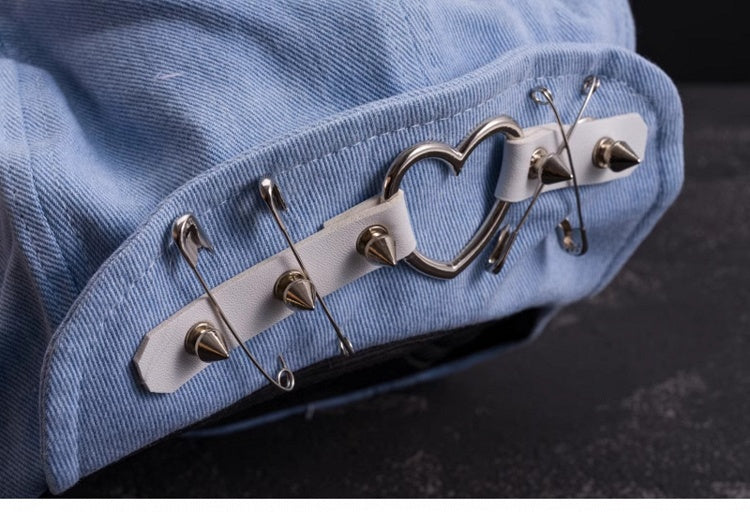 Handmade Light Blue Studs and Pins Denim Beret