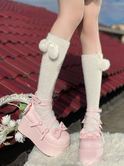 Pink Bowknot Buckle Straps Round Toe Platform Lolita Shoes