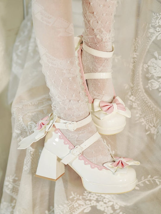 Bow Accents White and Pink Sweet Lolita High Heels Heart-shaped Buckles
