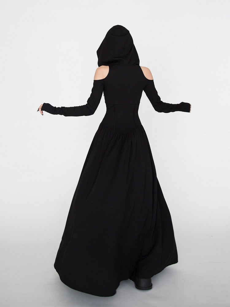 Gothic Black Cutout Shoulder Wasteland Punk Hooded Dress