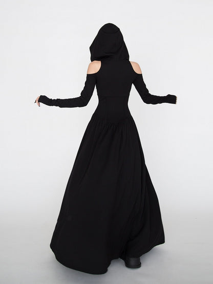 Gothic Black Cutout Shoulder Wasteland Punk Hooded Dress