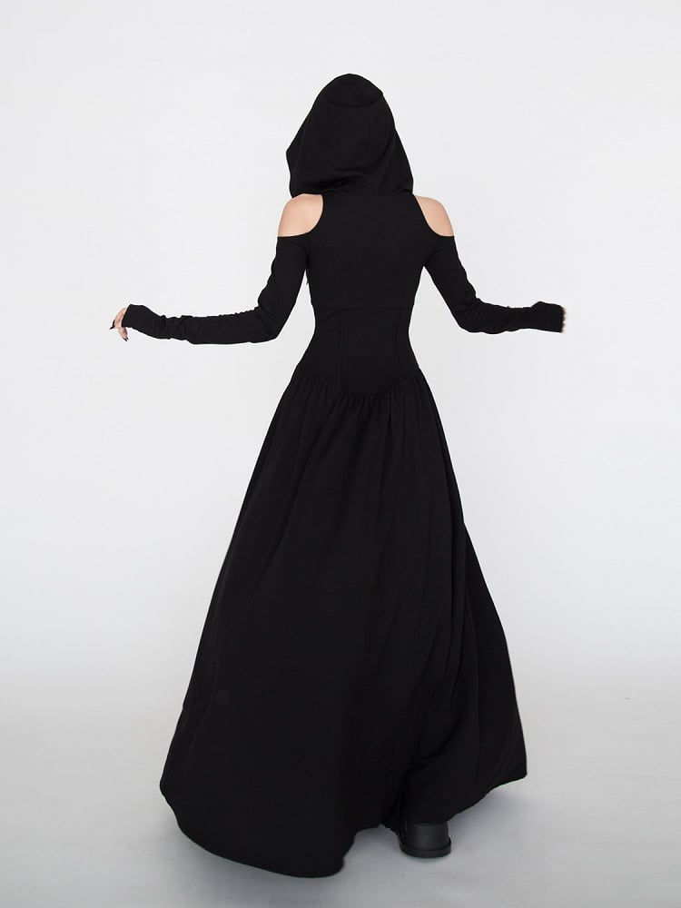 Gothic Black Cutout Shoulder Wasteland Punk Hooded Dress