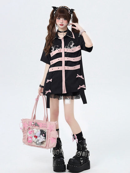 Bowknot Details Black Cyberpunk Short Sleeves Shirt