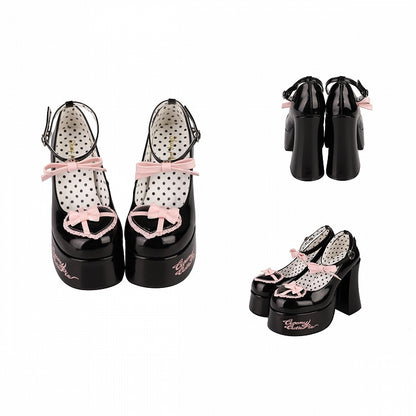 Bow Accents Heart Design Black and Pink Platform Block High Heels