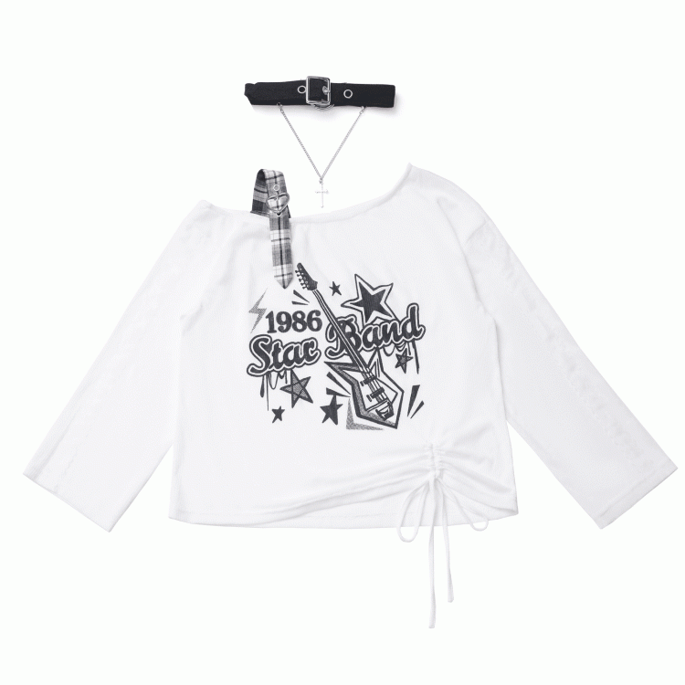 Blue/Black Guitar Print Asymmetrical Neckline Coverup with Free Choker