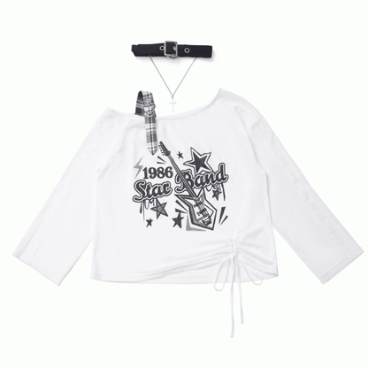 Blue/Black Guitar Print Asymmetrical Neckline Coverup with Free Choker