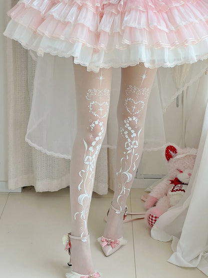 Lily of the Valley and Cross Print Shiro Gothic Lolita Tights