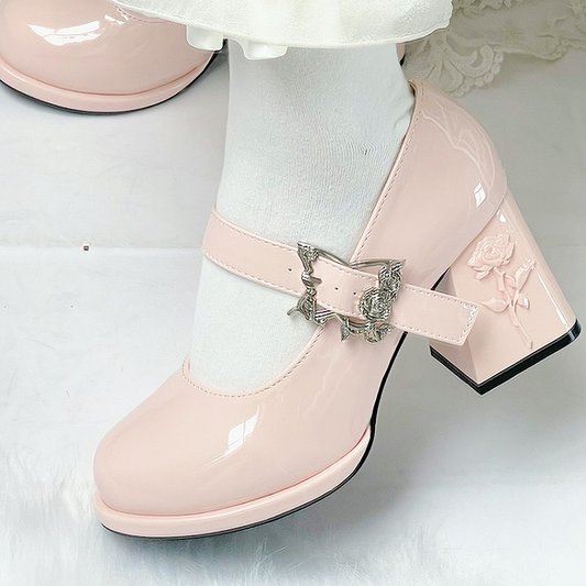 Butterfly Buckle Polished Pink 7cm Floral High Block Heel Hime Lolita Mary Janes