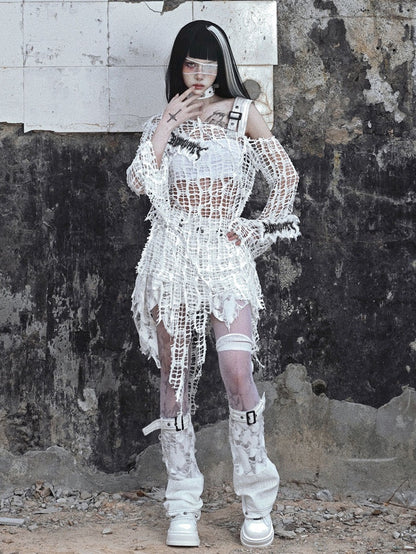 White Bell Sleeves Irregular Distressed Hallow Out Top