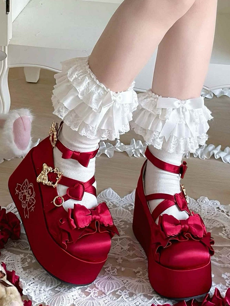 Wine Red Bear Buckle Straps Bowknot Platform Shoes with Bear Embroidery
