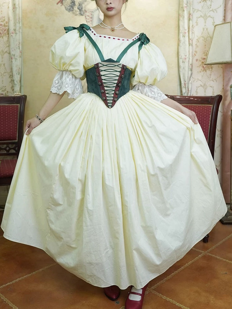 Bavarian Landhaus Historical Costume - Light Yellow Boned Bodice Top + Skirt + Corset Belt