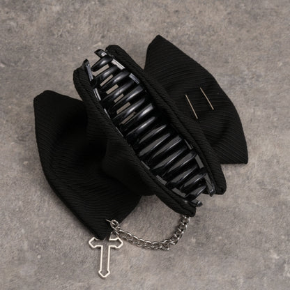 Gothic Cross Chain Decorated Black Bow Claw Clip