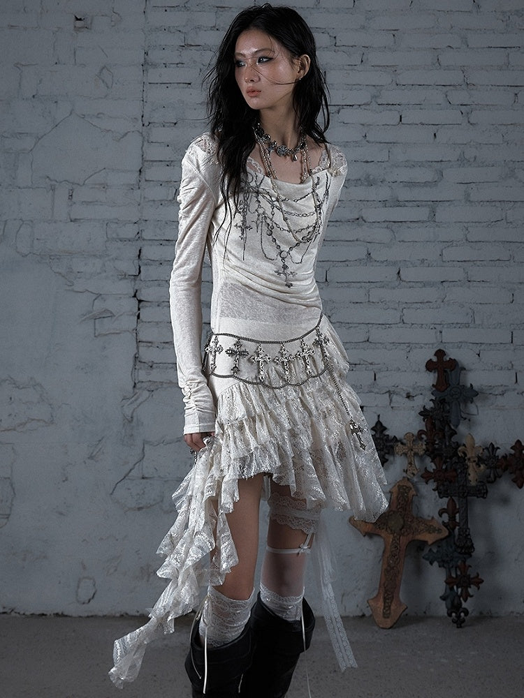 Black/Beige Wasteland Punk Cross Beaded Chain Print Lace Trim Dress