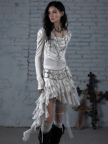 Black/Beige Wasteland Punk Cross Beaded Chain Print Lace Trim Dress