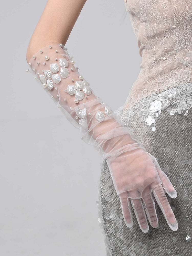 Artificial Pearls and Sea Shells Decorated White Tulle Gloves