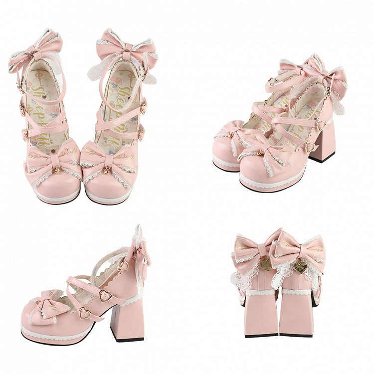 Pink Crisscross Design Heart Buckles Detachable Bow at Top High Block Heels